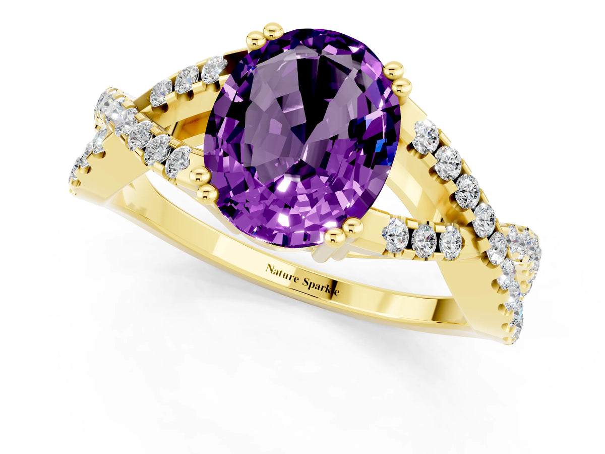 Oval Cut Amethyst Solitaire Ring in Yellow gold with Interwoven Pavé Band and Prong Setting_1