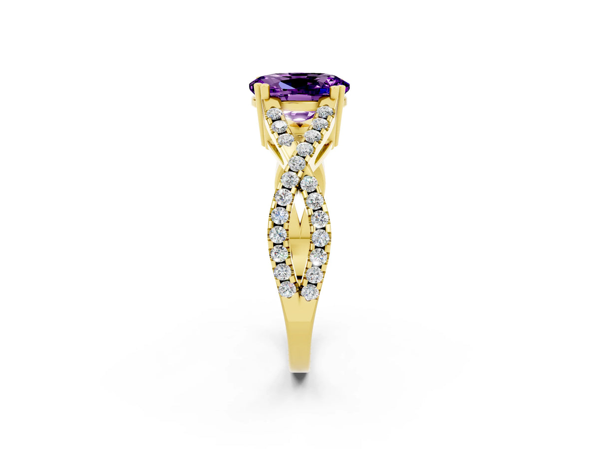Oval Cut Amethyst Solitaire Ring in Yellow gold with Interwoven Pavé Band and Prong Setting_2