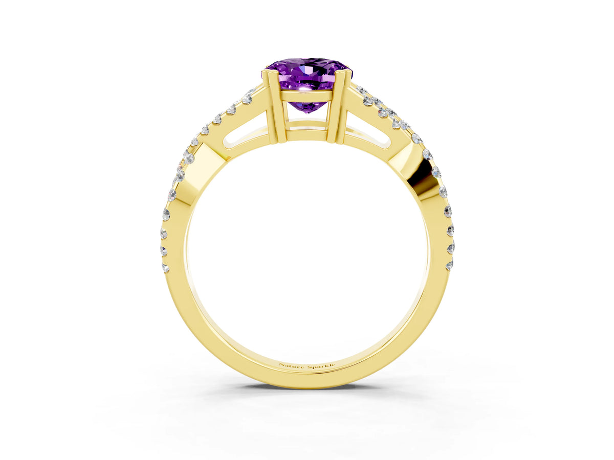 Oval Cut Amethyst Solitaire Ring in Yellow gold with Interwoven Pavé Band and Prong Setting_3