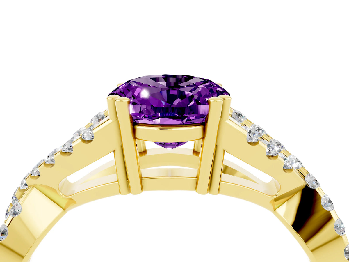 Oval Cut Amethyst Solitaire Ring in Yellow gold with Interwoven Pavé Band and Prong Setting_4