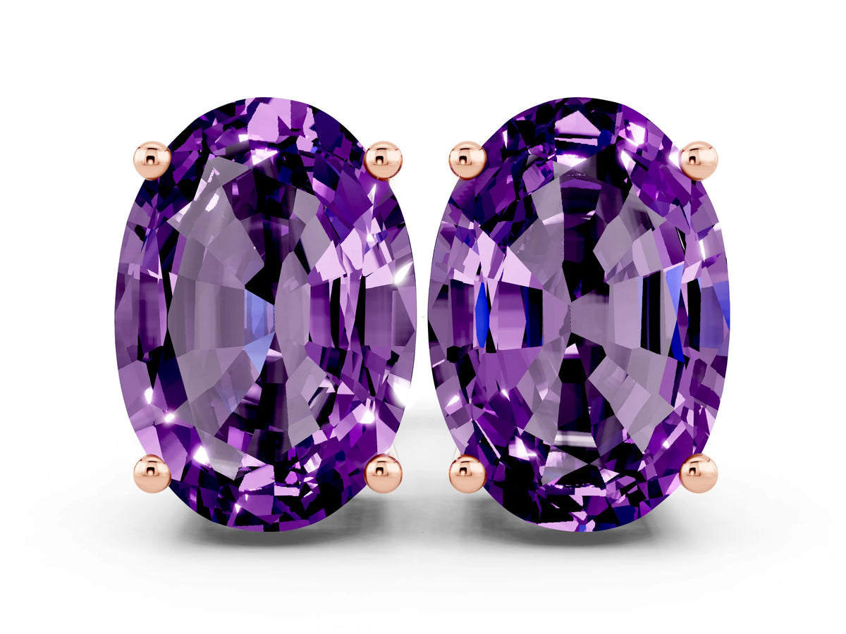 Oval Cut Amethyst Stud Earrings in Rose gold with Basket Setting