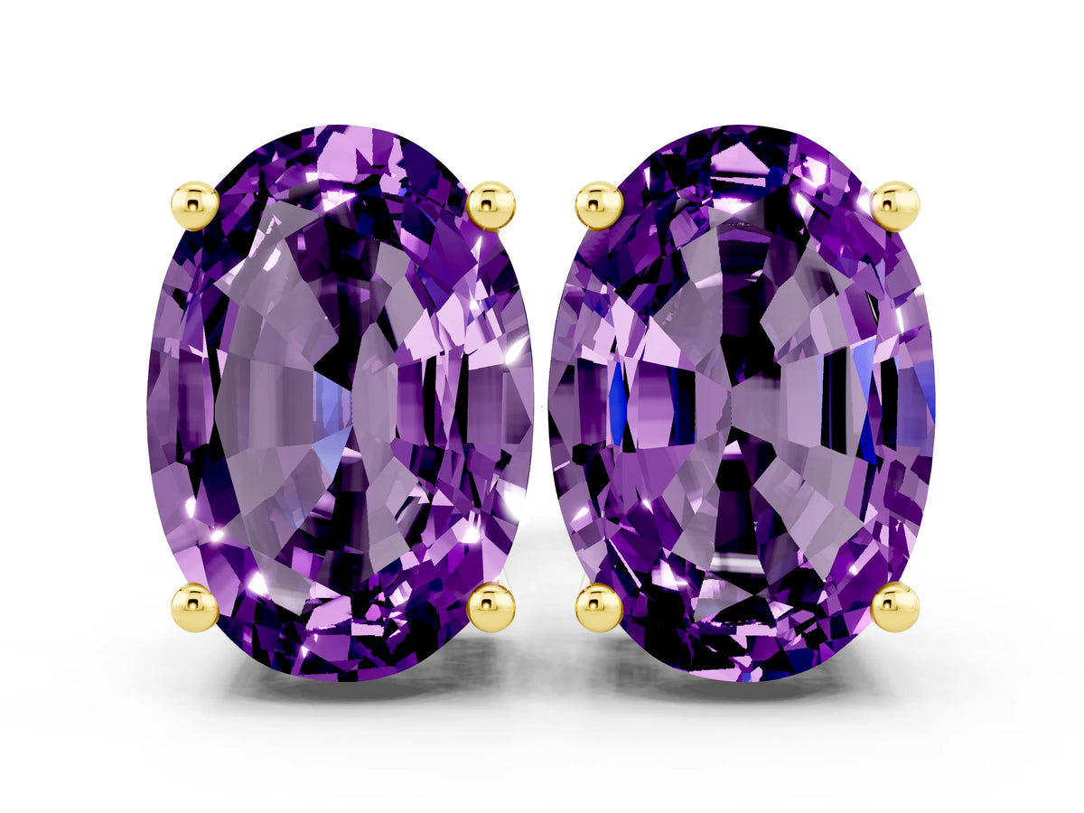 Oval Cut Amethyst Stud Earrings in Yellow gold with Basket Setting