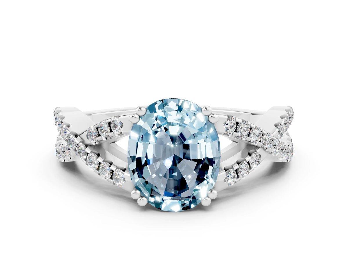 Oval Cut Aquamarine Solitaire Ring in Platinum with Interwoven Pavé Band and Prong Setting_6