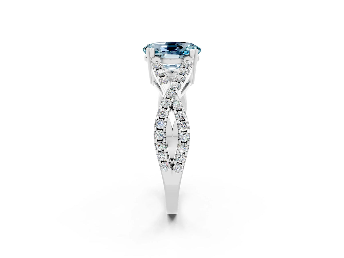 Oval Cut Aquamarine Solitaire Ring in Platinum with Interwoven Pavé Band and Prong Setting_8