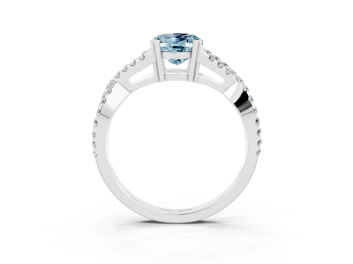 Oval Cut Aquamarine Solitaire Ring in Platinum with Interwoven Pavé Band and Prong Setting_9