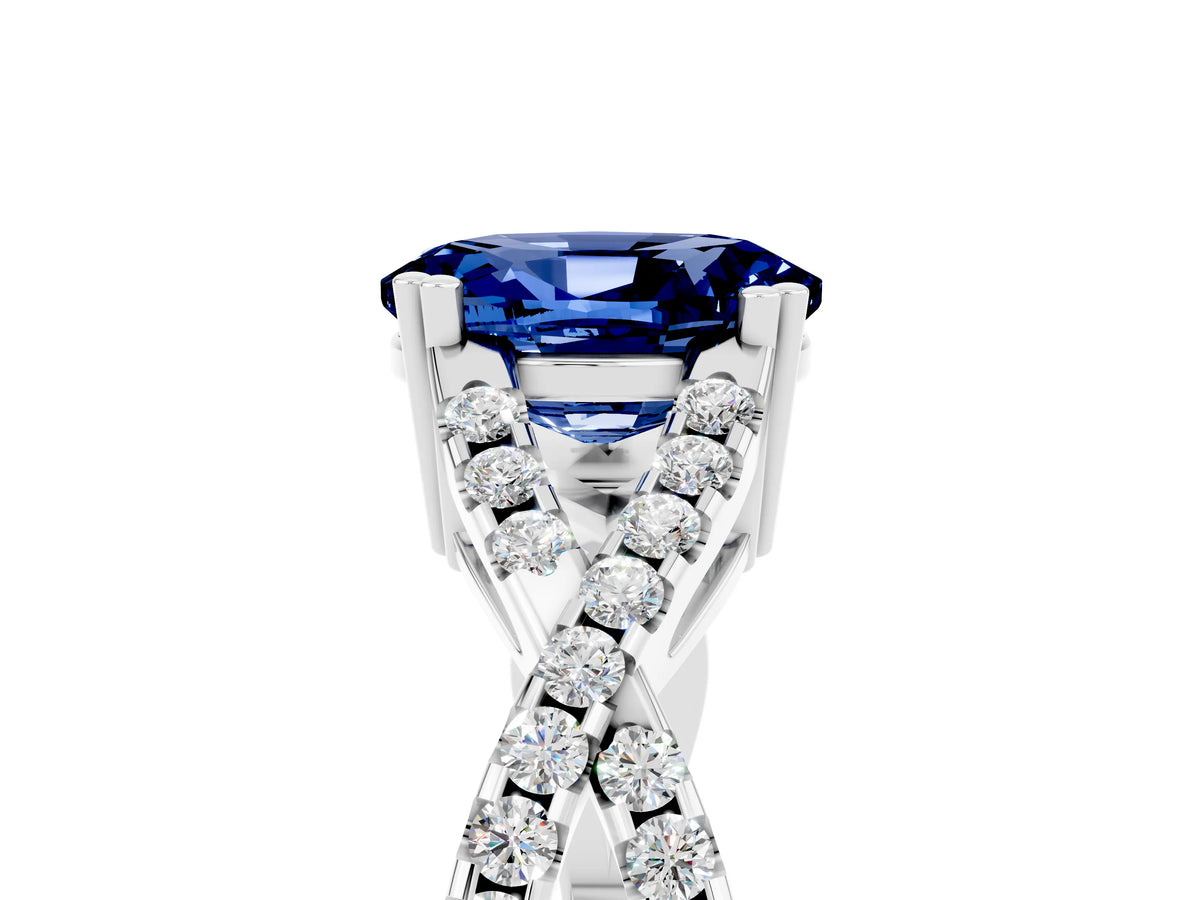 Oval Cut Blue Sapphire Solitaire Ring in Platinum with Interwoven Pavé Band and Prong Setting_11