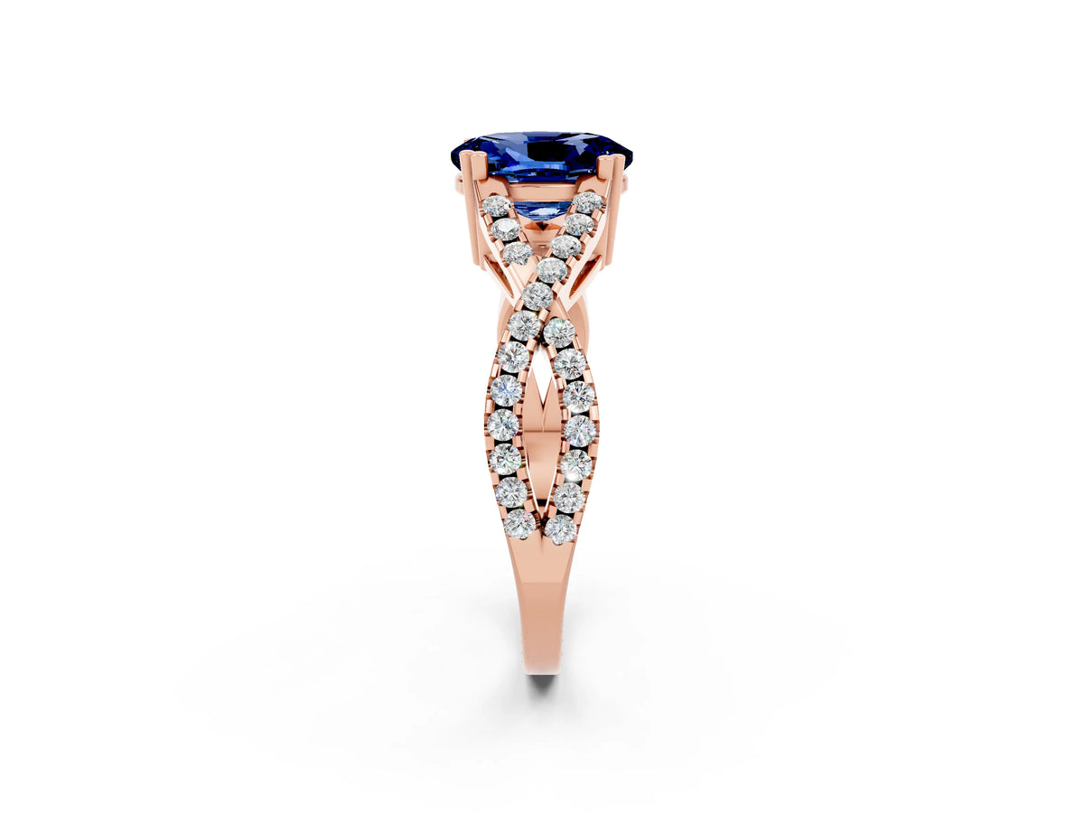 Oval Cut Blue Sapphire Solitaire Ring in Rose gold with Interwoven Pavé Band and Prong Setting_2