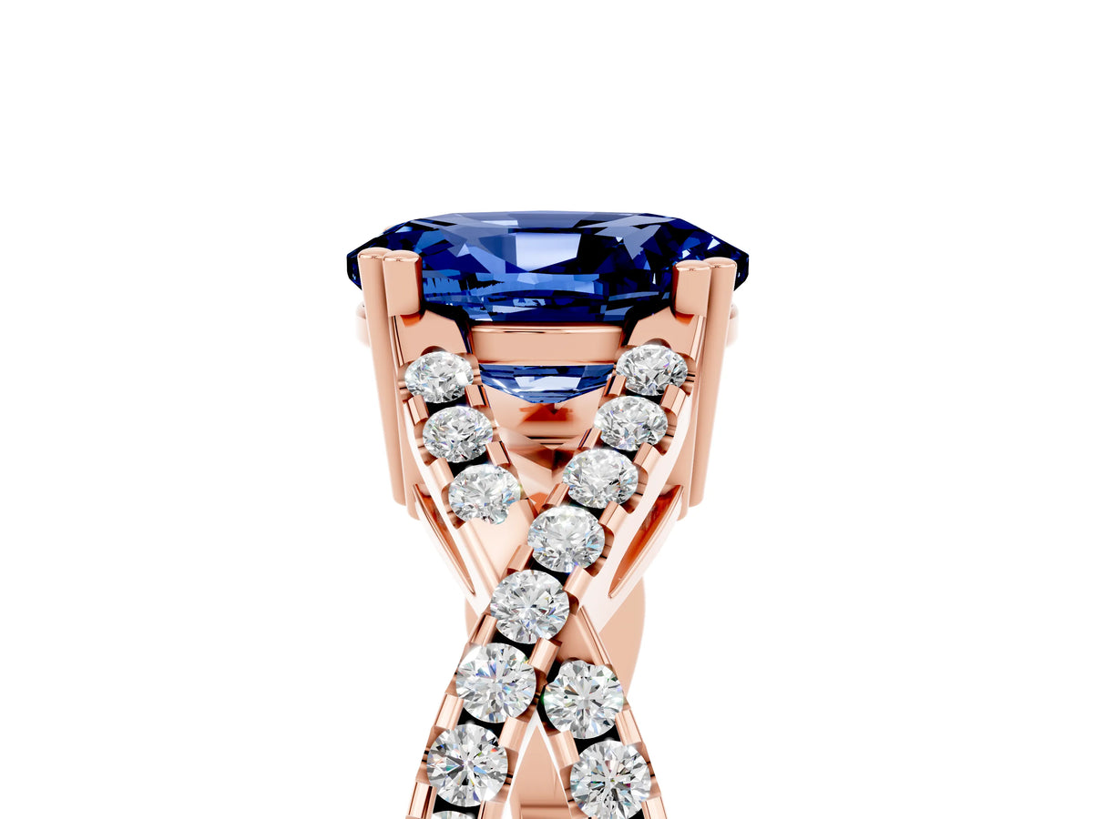 Oval Cut Blue Sapphire Solitaire Ring in Rose gold with Interwoven Pavé Band and Prong Setting_5