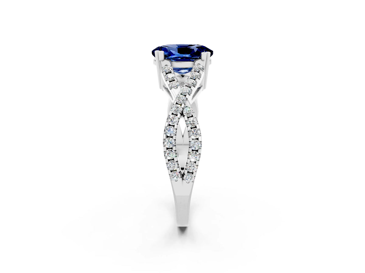 Oval Cut Blue Sapphire Solitaire Ring in White gold with Interwoven Pavé Band and Prong Setting_2