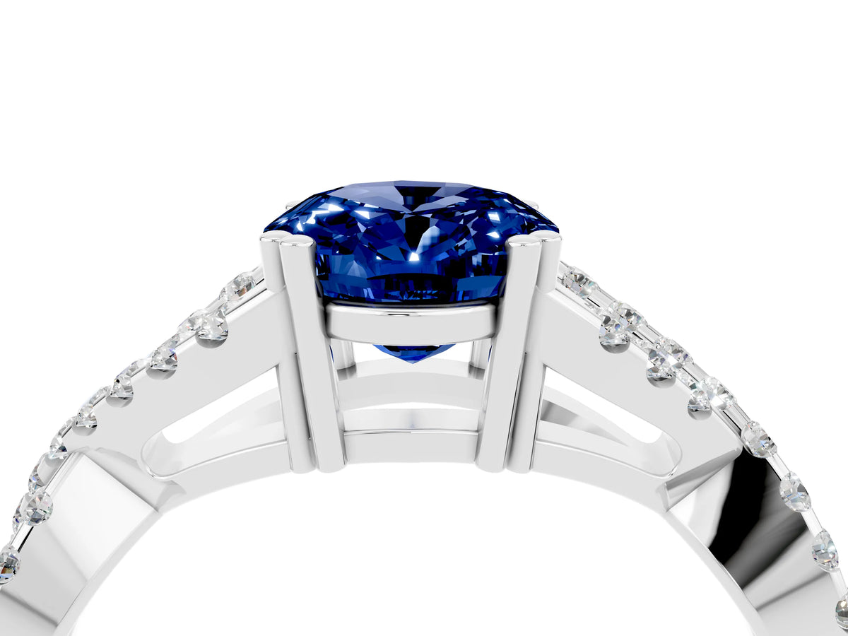 Oval Cut Blue Sapphire Solitaire Ring in White gold with Interwoven Pavé Band and Prong Setting_4
