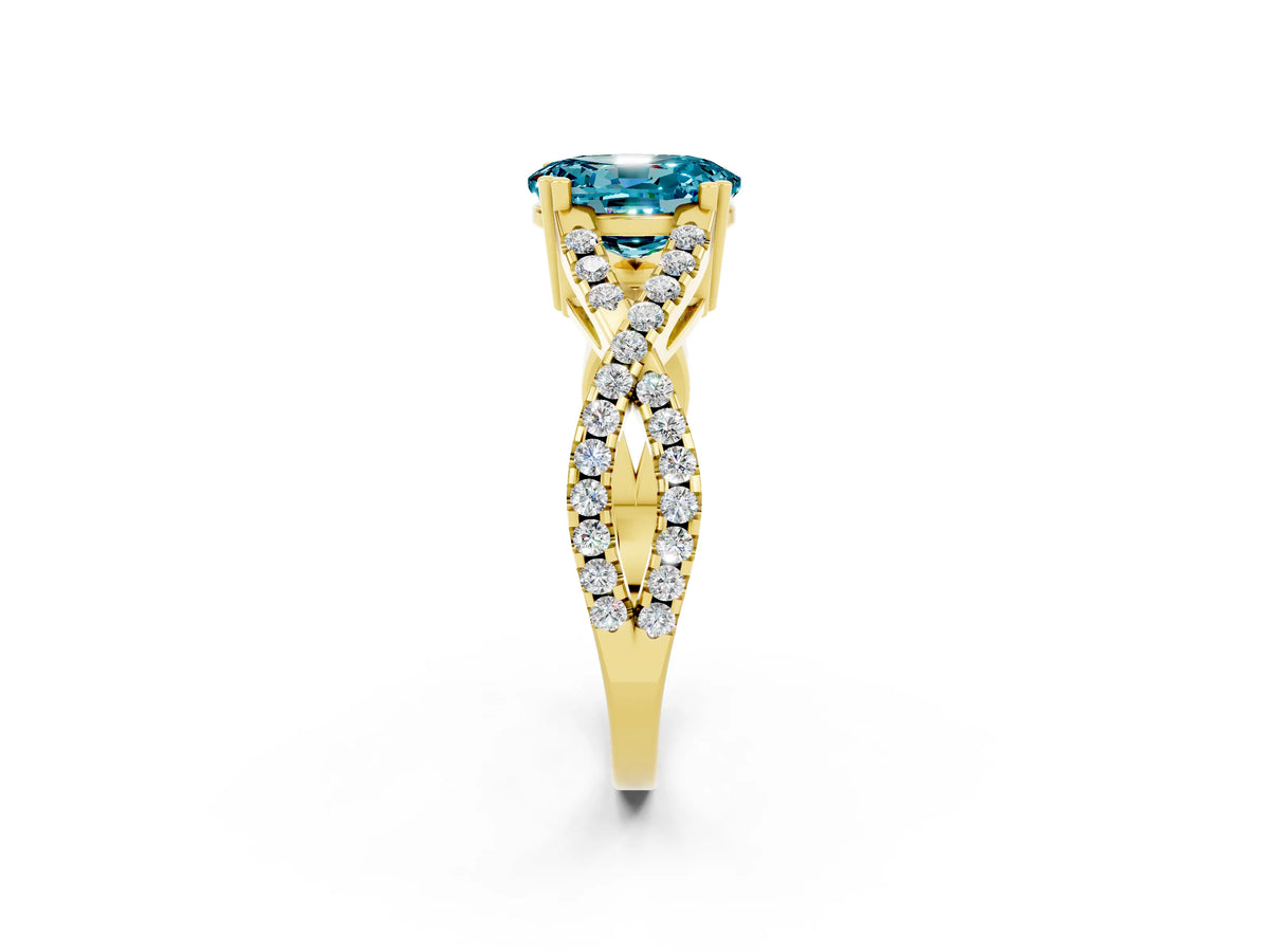 Oval Cut Blue Topaz Solitaire Ring in Yellow gold with Interwoven Pavé Band and Prong Setting_2