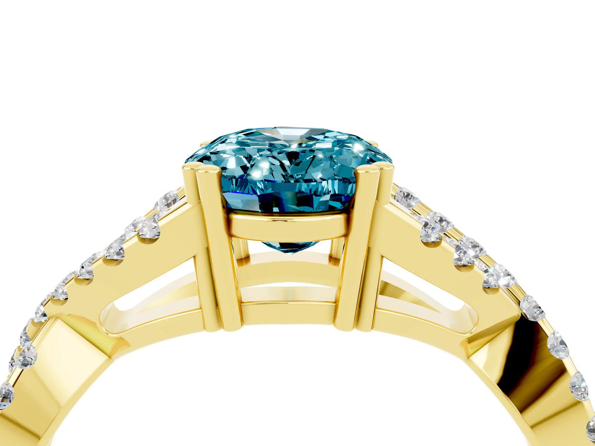 Oval Cut Blue Topaz Solitaire Ring in Yellow gold with Interwoven Pavé Band and Prong Setting_4