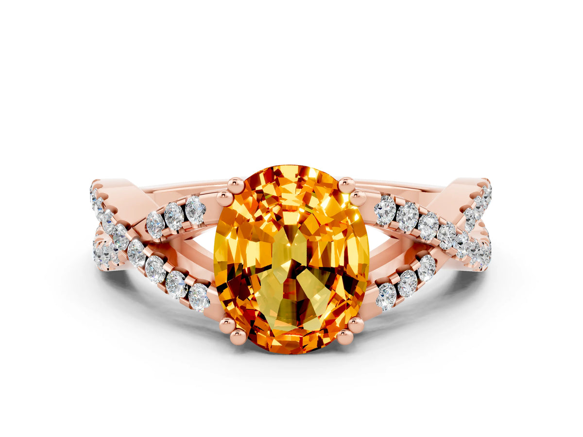 Oval Cut Citrine Solitaire Ring in Rose gold with Interwoven Pavé Band and Prong Setting