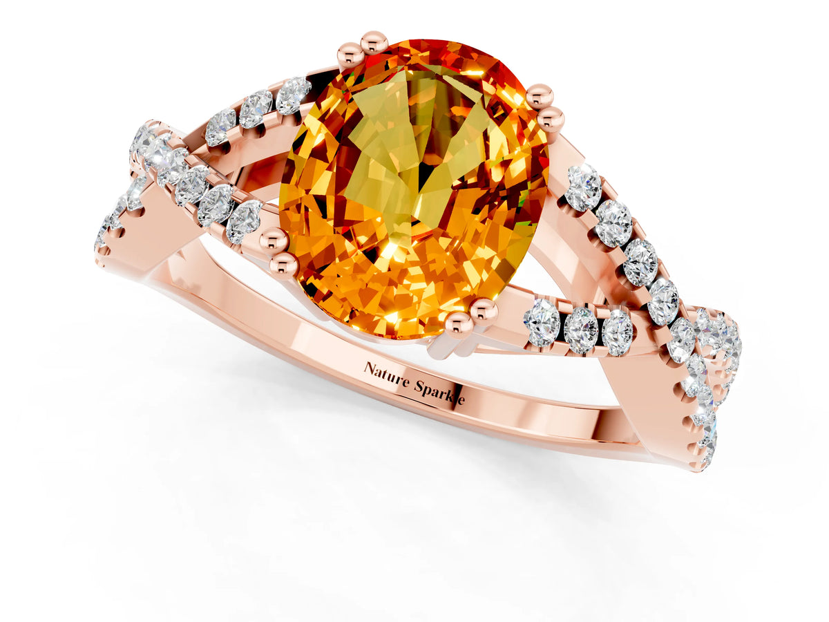 Oval Cut Citrine Solitaire Ring in Rose gold with Interwoven Pavé Band and Prong Setting_1