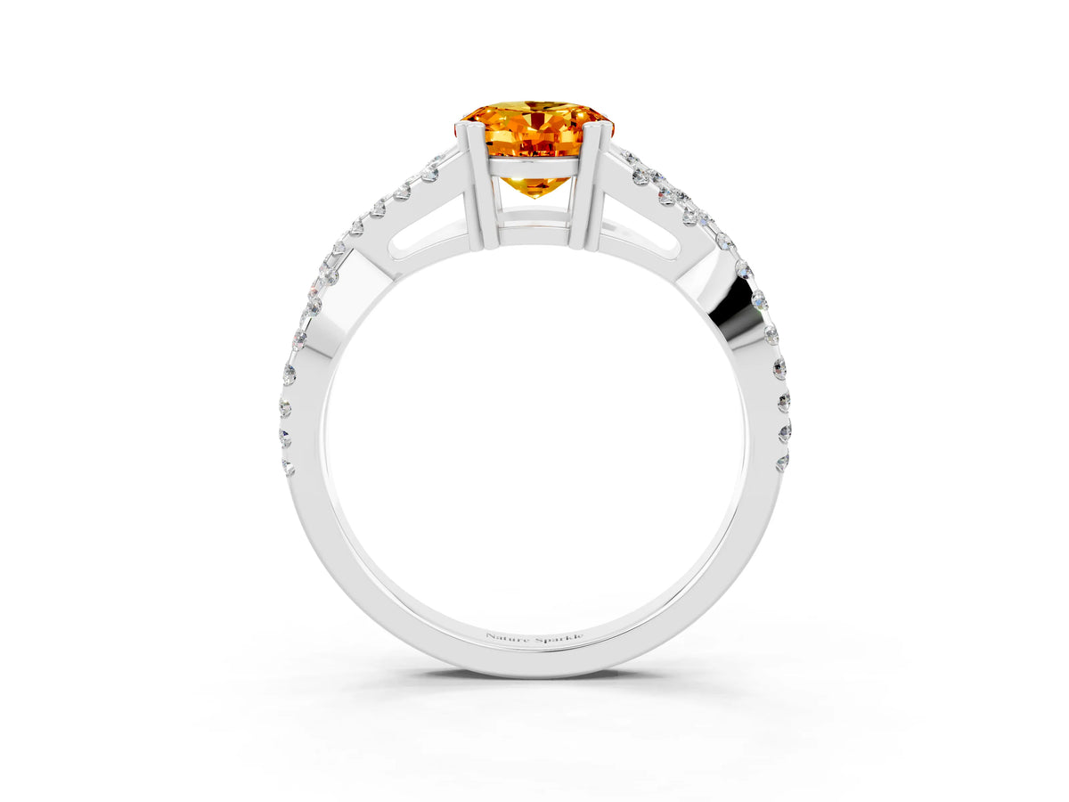Oval Cut Citrine Solitaire Ring in Silver with Interwoven Pavé Band and Prong Setting_9