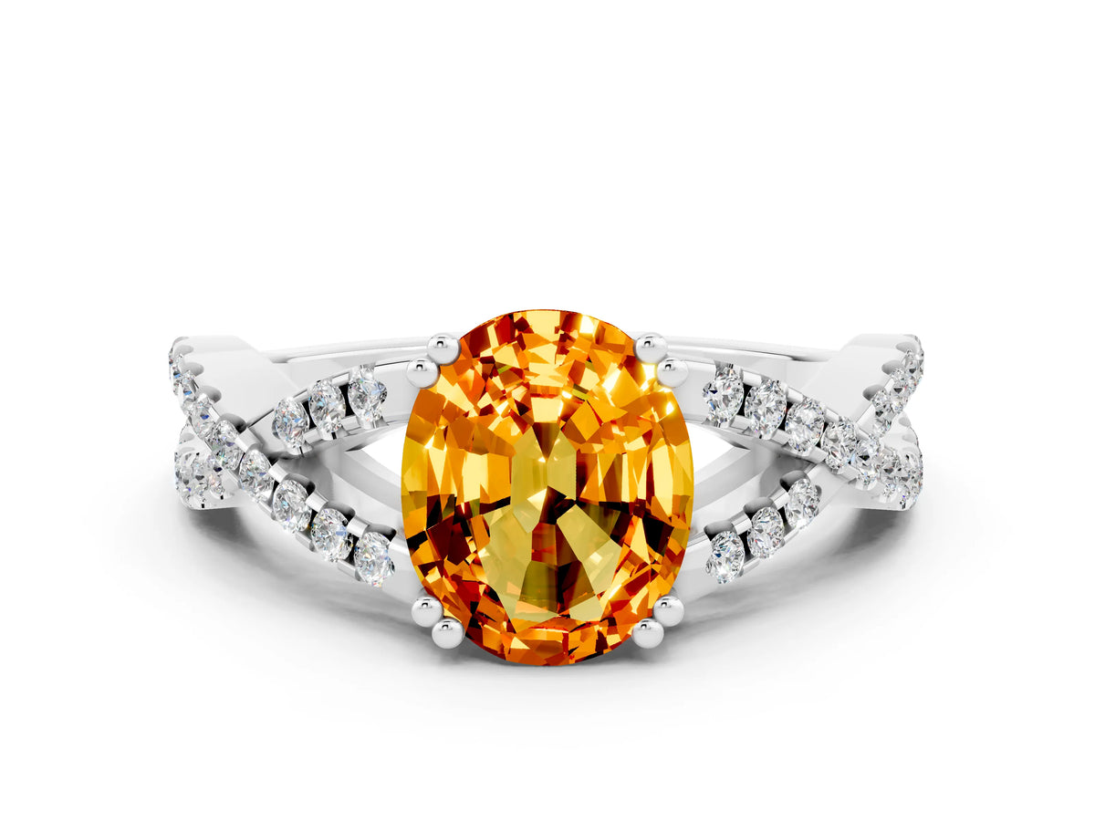 Oval Cut Citrine Solitaire Ring in White gold with Interwoven Pavé Band and Prong Setting