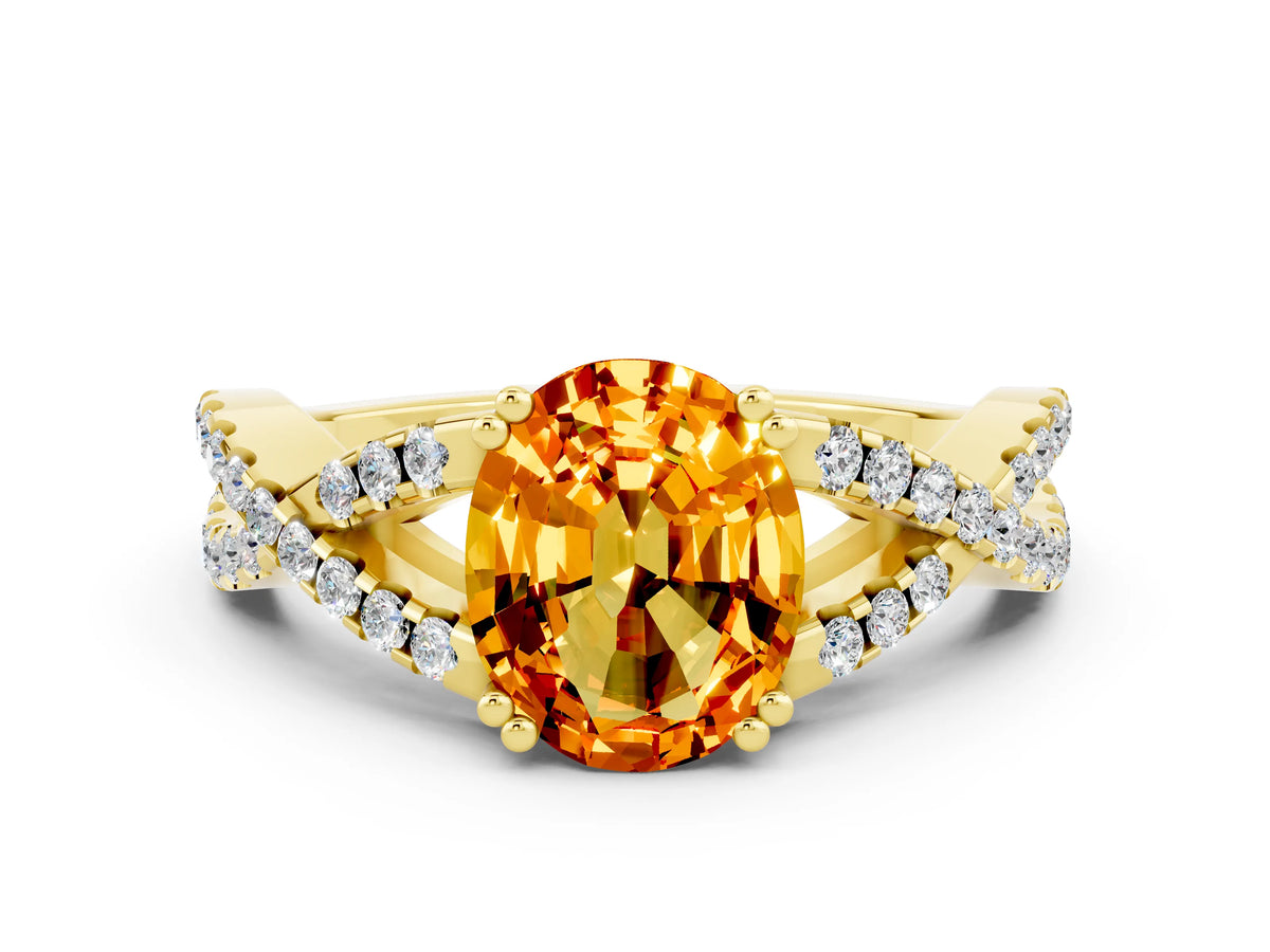 Oval Cut Citrine Solitaire Ring in Yellow gold with Interwoven Pavé Band and Prong Setting