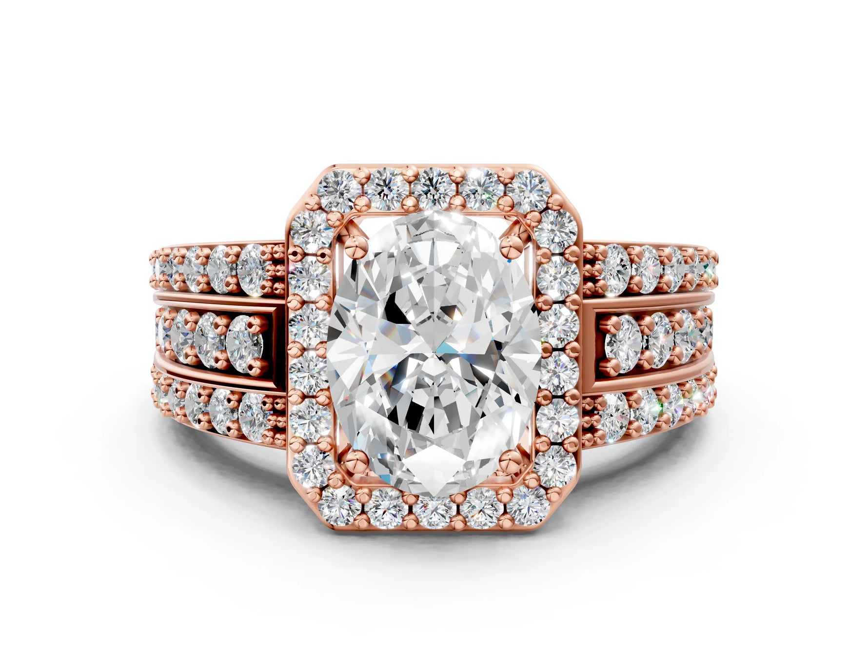 Oval Cut Diamond Halo Engagement Ring in Rose gold with Triple-Row Round Band_18
