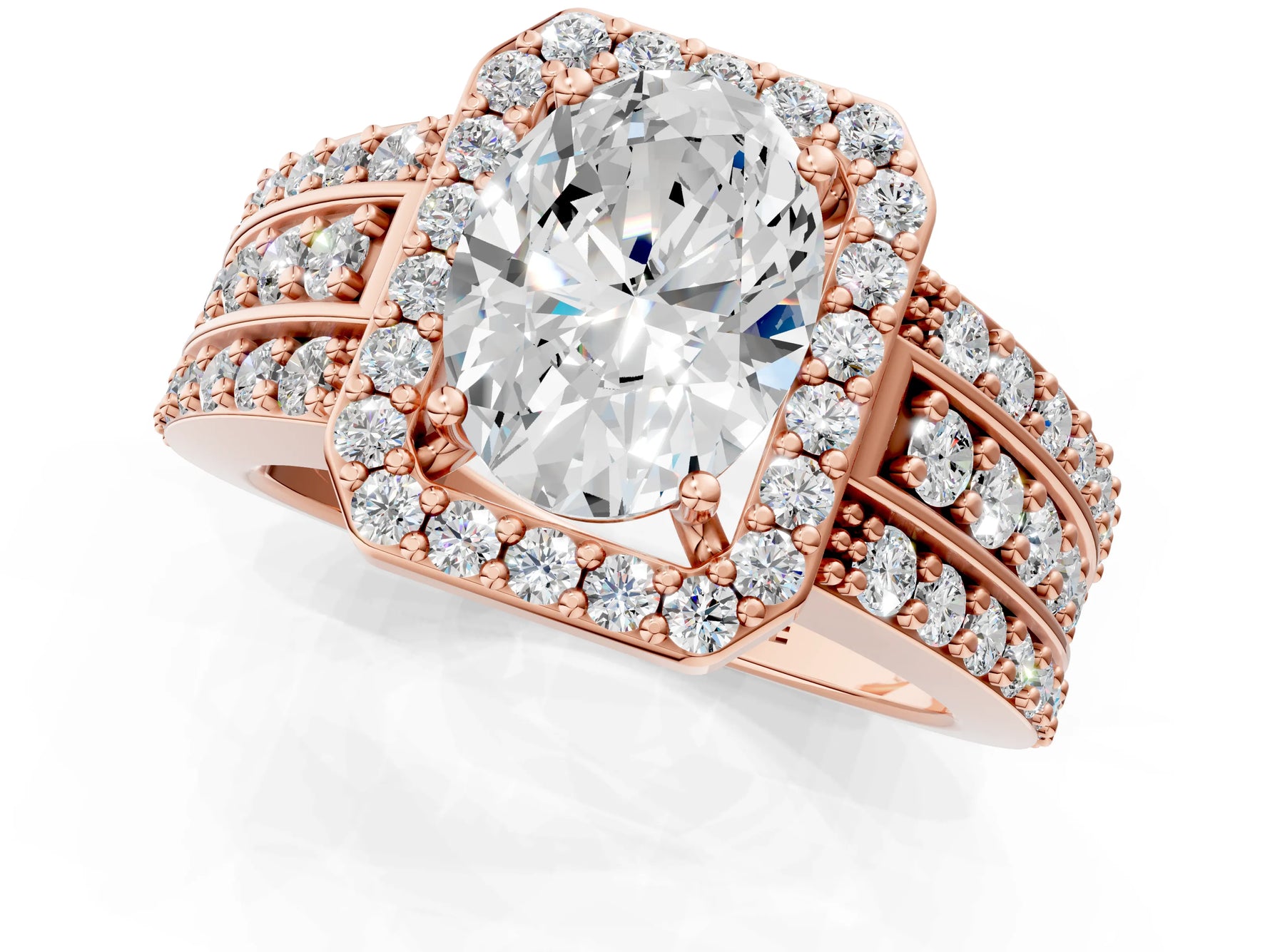 Oval Cut Diamond Halo Engagement Ring in Rose gold with Triple-Row Round Band_19