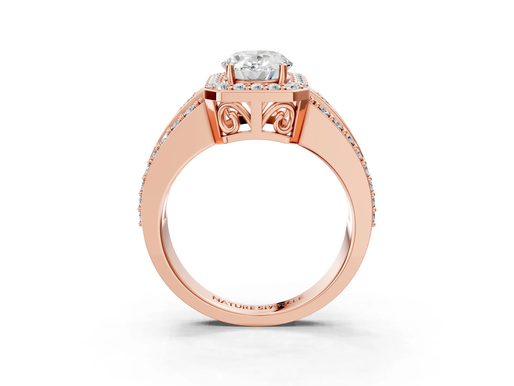 Oval Cut Diamond Halo Engagement Ring in Rose gold with Triple-Row Round Band_21