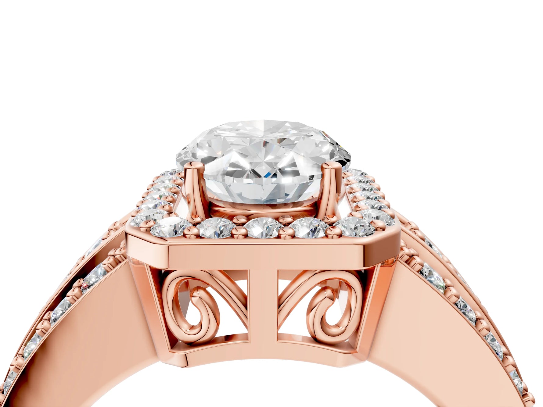 Oval Cut Diamond Halo Engagement Ring in Rose gold with Triple-Row Round Band_22
