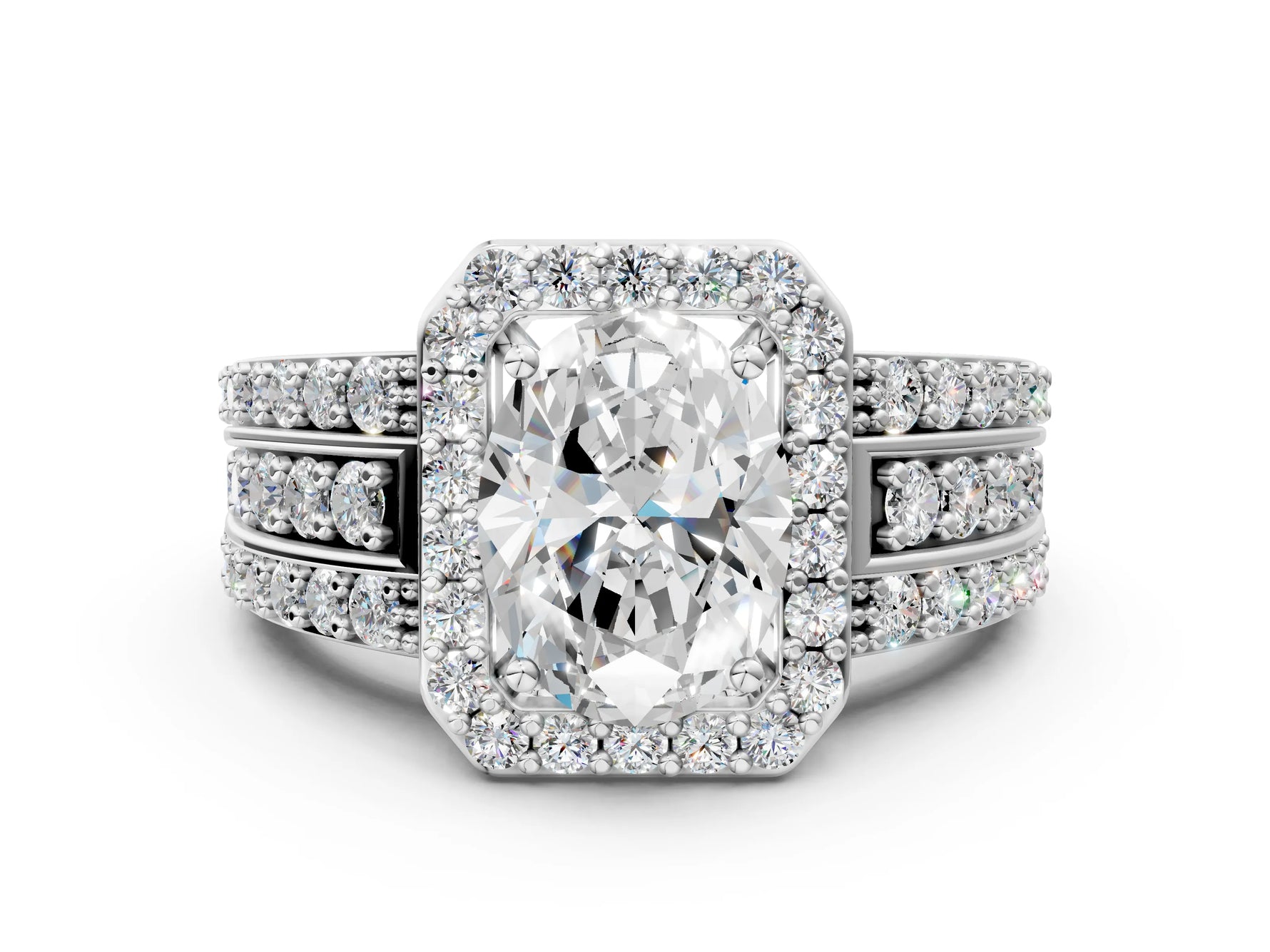 Oval Cut Diamond Halo Engagement Ring in White gold with Triple-Row Round Band_18