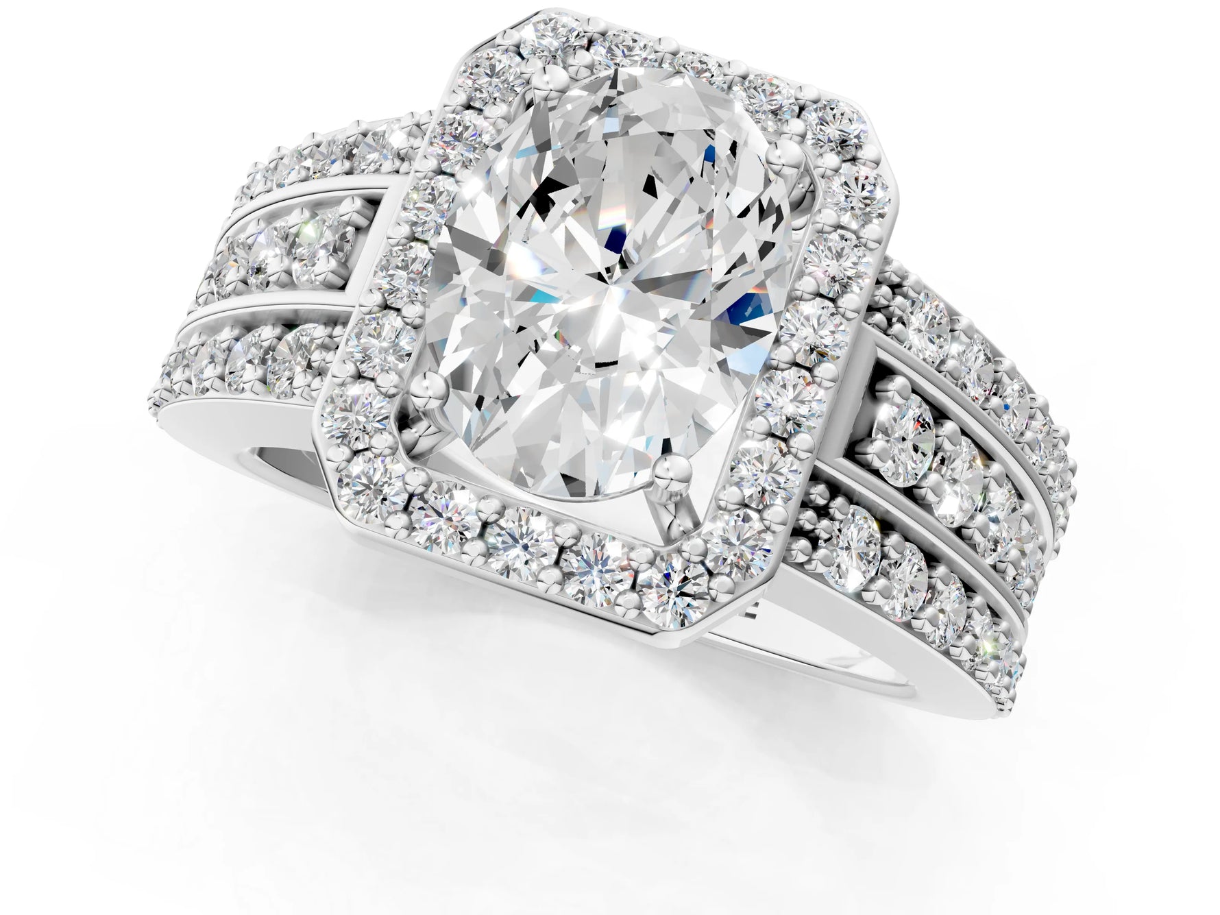Oval Cut Diamond Halo Engagement Ring in White gold with Triple-Row Round Band_19