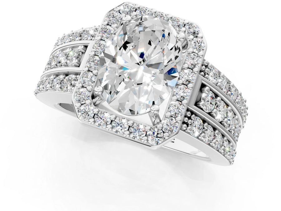 Oval Cut Diamond Halo Engagement Ring in Silver with Triple-Row Round Band