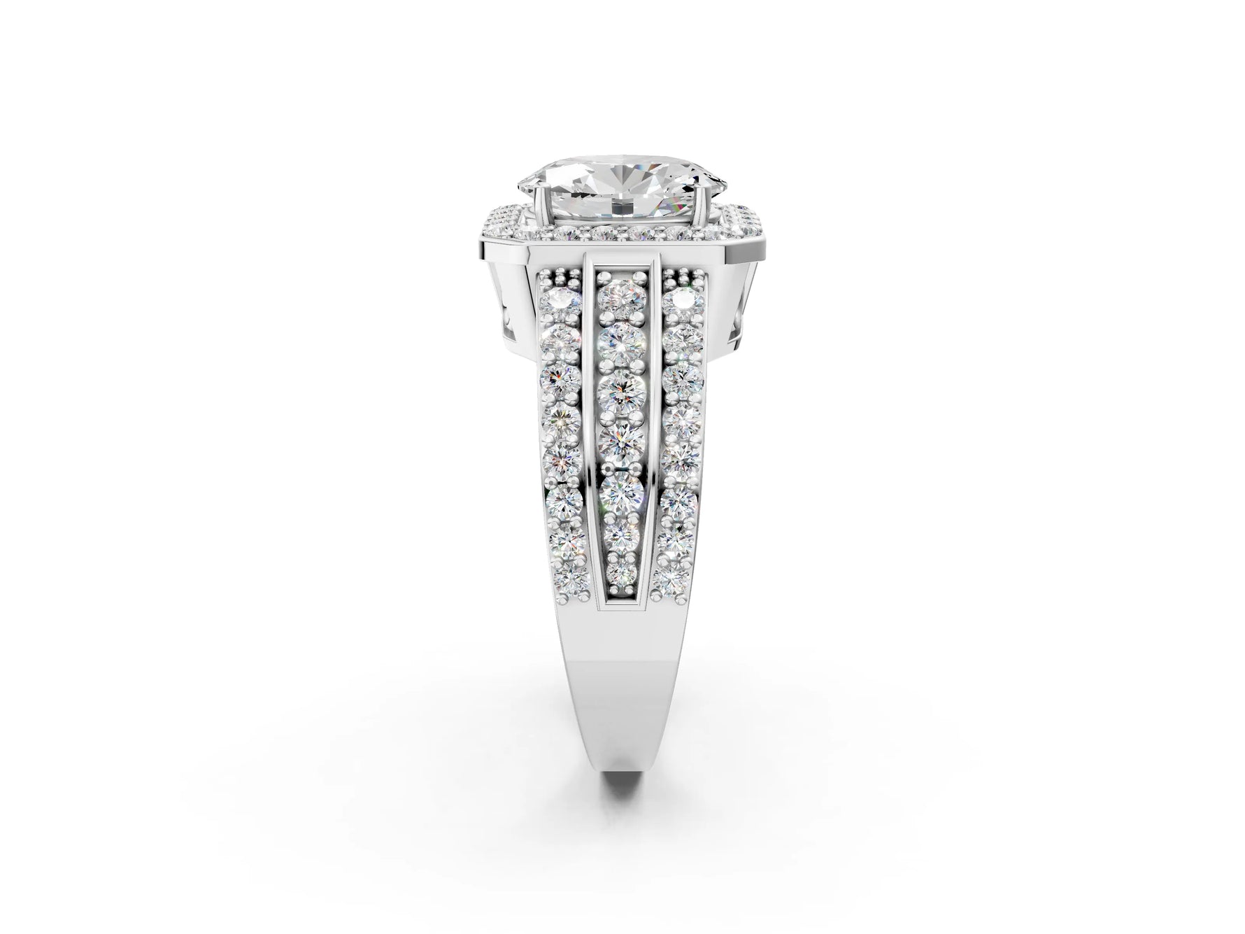Oval Cut Diamond Halo Engagement Ring in White gold with Triple-Row Round Band_20