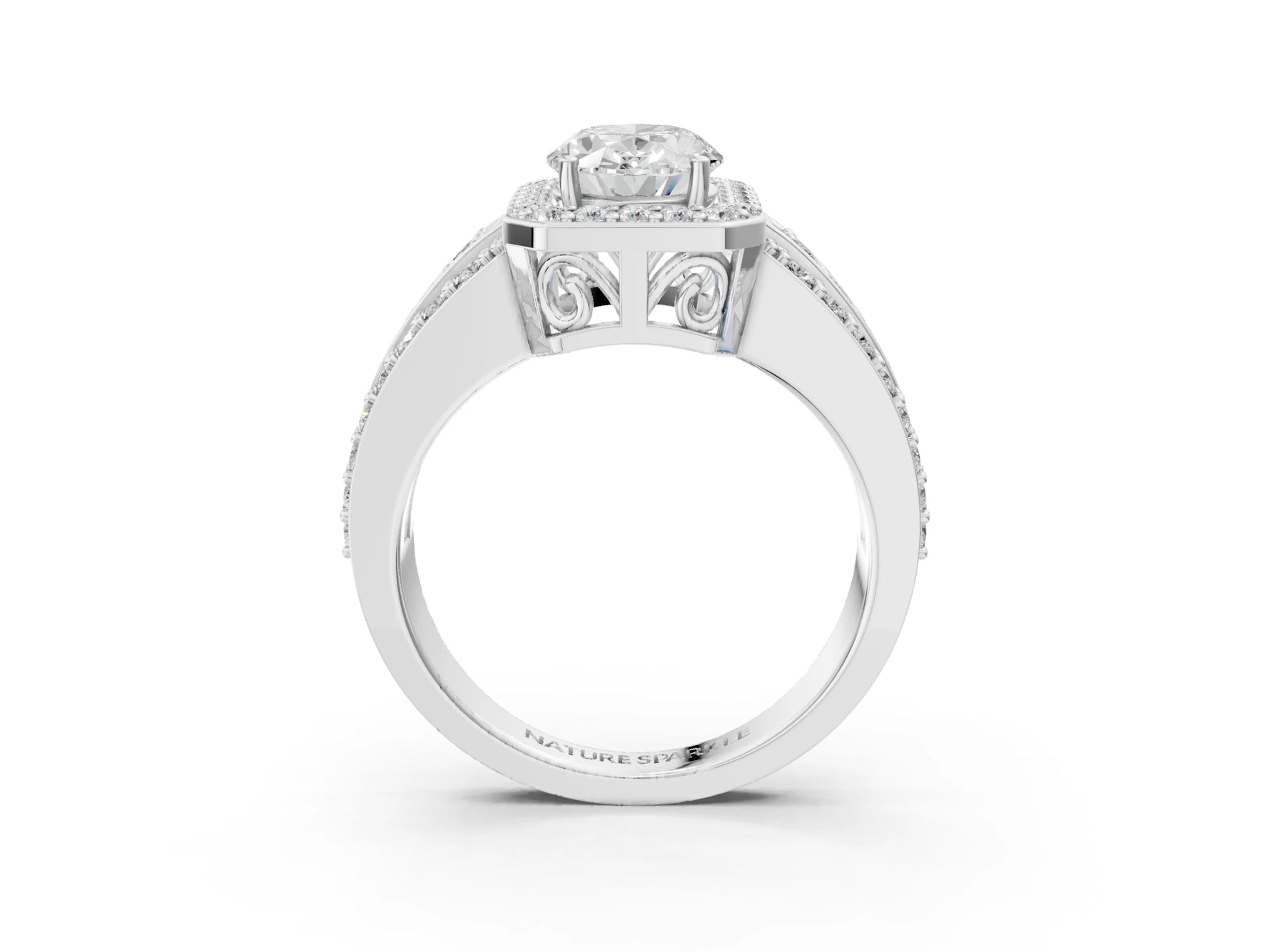 Oval Cut Diamond Halo Engagement Ring in White gold with Triple-Row Round Band_21