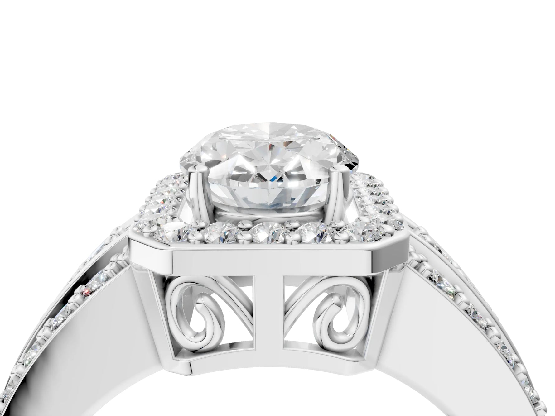 Oval Cut Diamond Halo Engagement Ring in White gold with Triple-Row Round Band_22