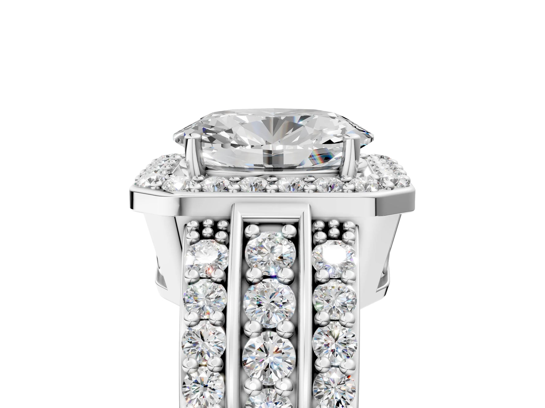 Oval Cut Diamond Halo Engagement Ring in White gold with Triple-Row Round Band_23