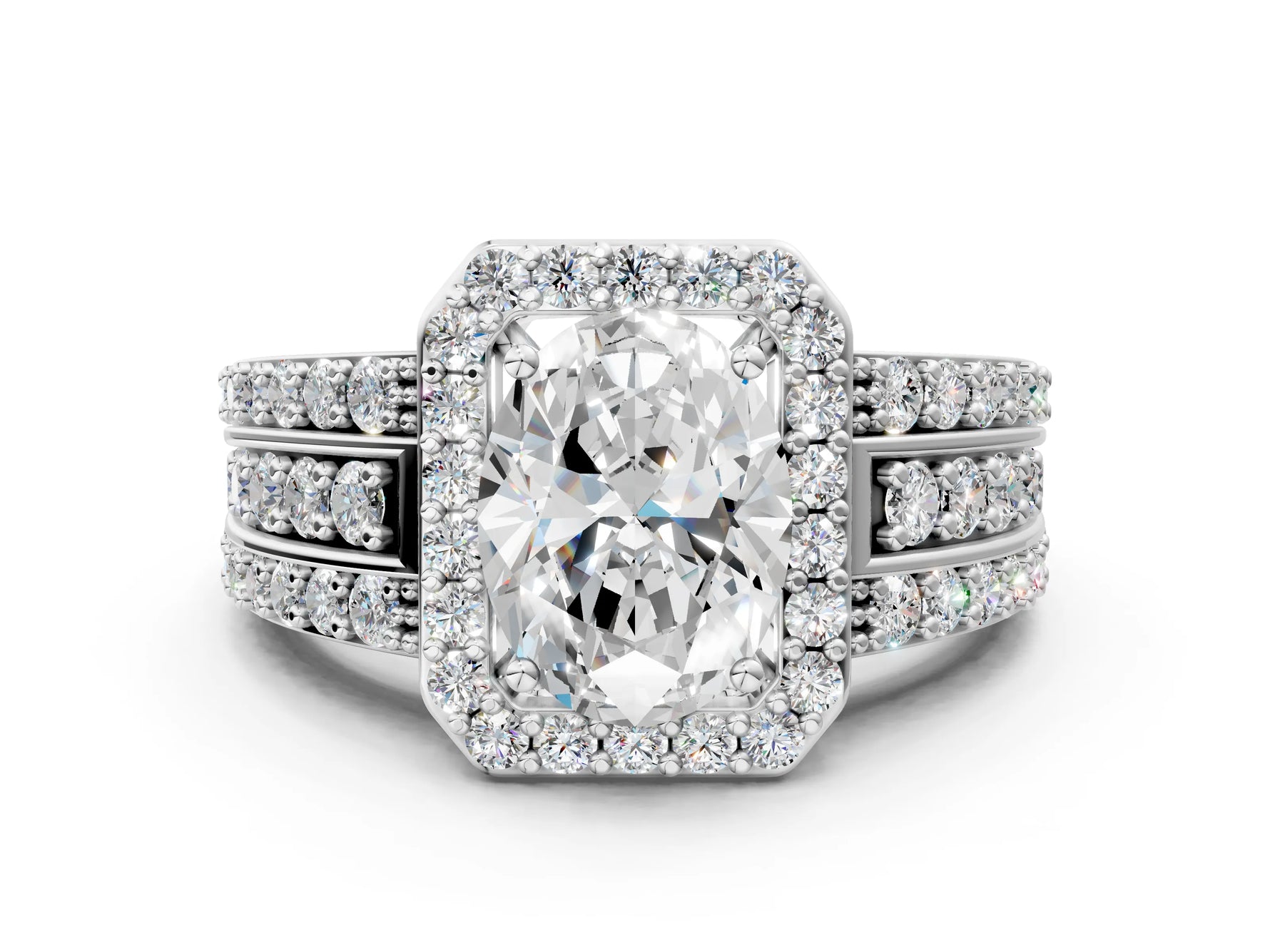 Oval Cut Diamond Halo Engagement Ring in White gold with Triple-Row Round Band_24