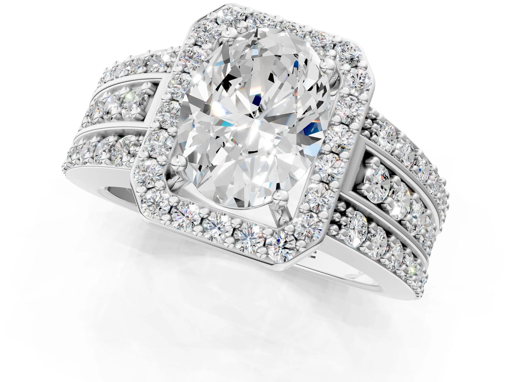 Oval Cut Diamond Halo Engagement Ring in White gold with Triple-Row Round Band_25