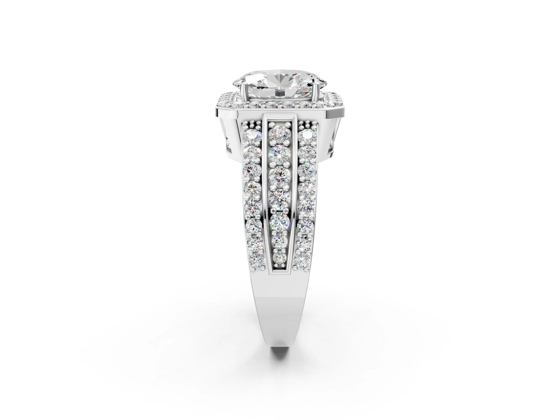 Oval Cut Diamond Halo Engagement Ring in White gold with Triple-Row Round Band_26