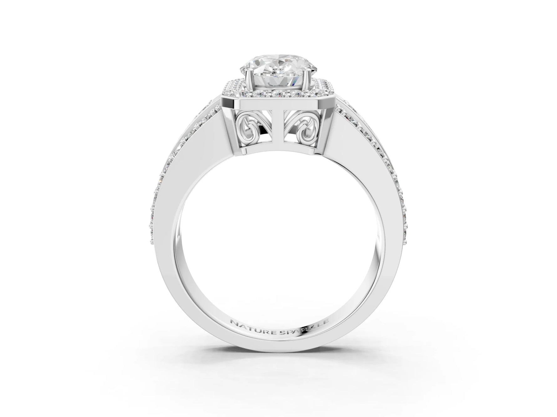 Oval Cut Diamond Halo Engagement Ring in White gold with Triple-Row Round Band_27