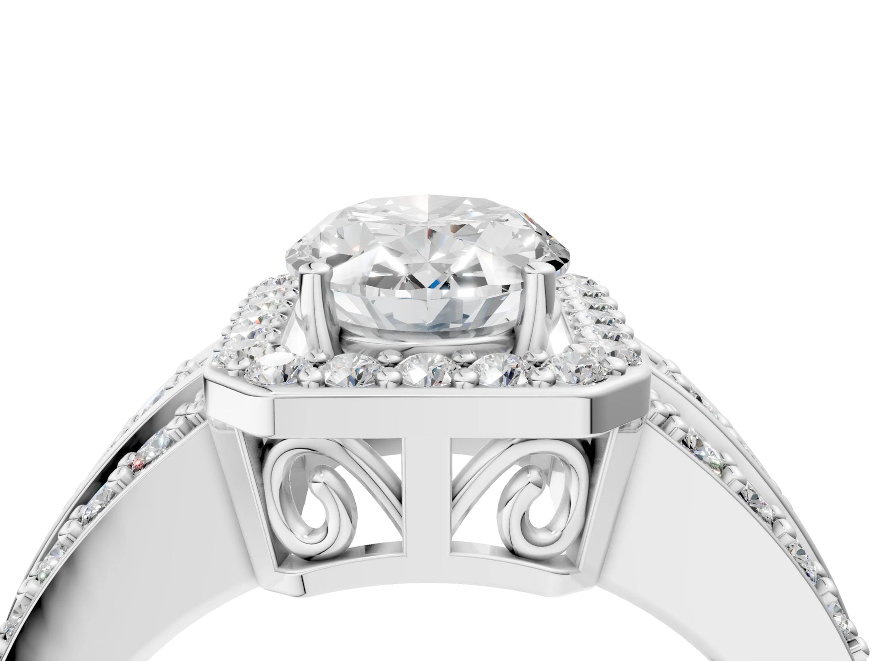 Oval Cut Diamond Halo Engagement Ring in White gold with Triple-Row Round Band_28