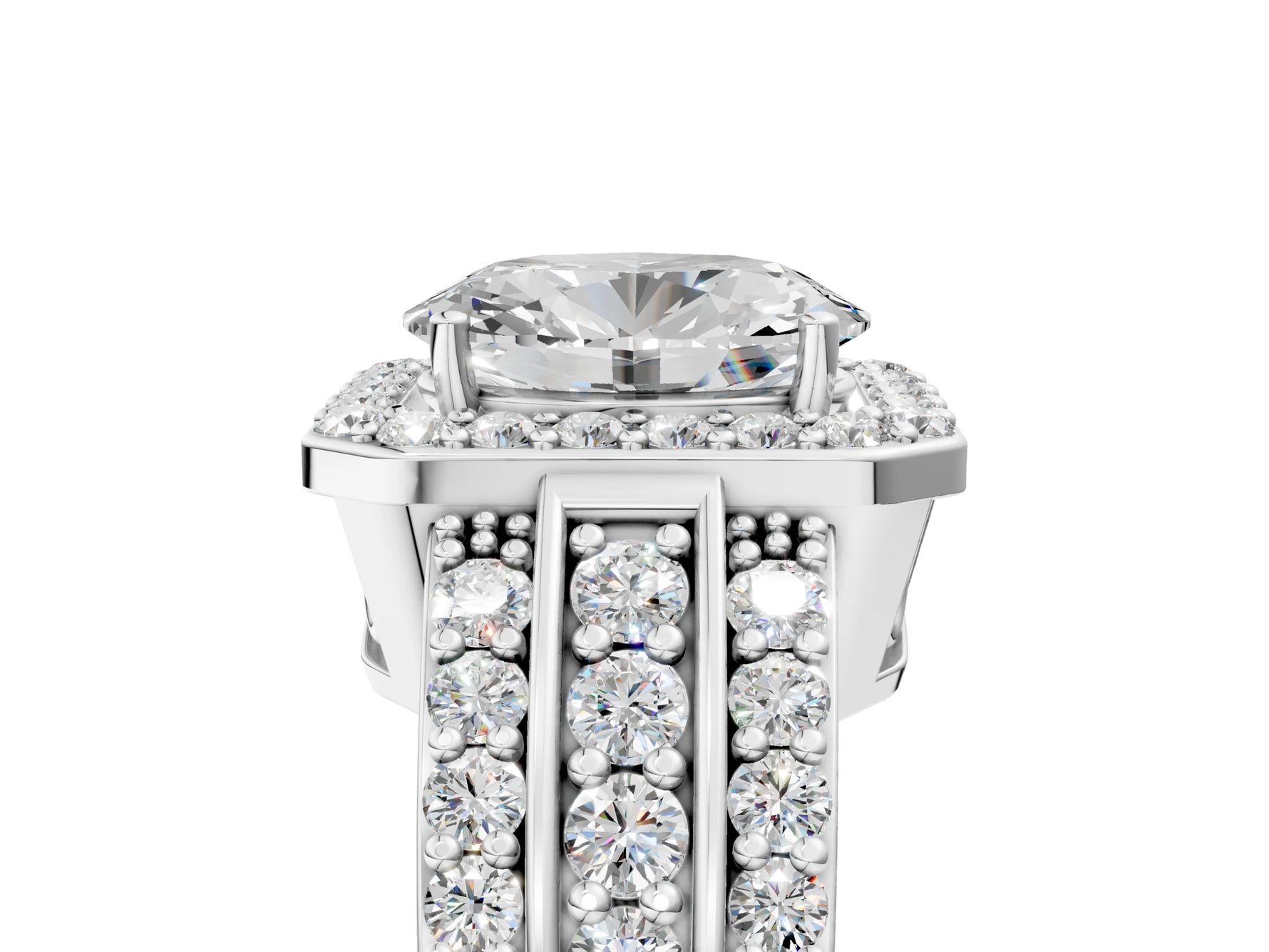 Oval Cut Diamond Halo Engagement Ring in White gold with Triple-Row Round Band_29