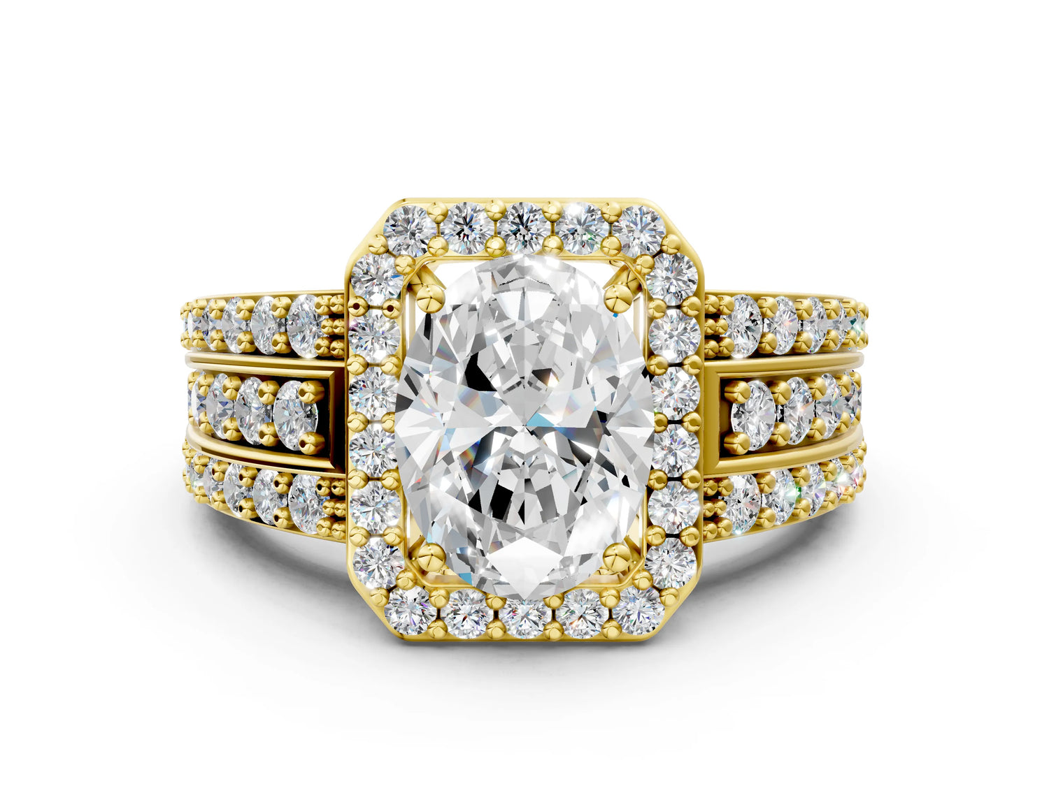 Oval Cut Diamond Halo Engagement Ring in Yellow gold with Triple-Row Round Band_18
