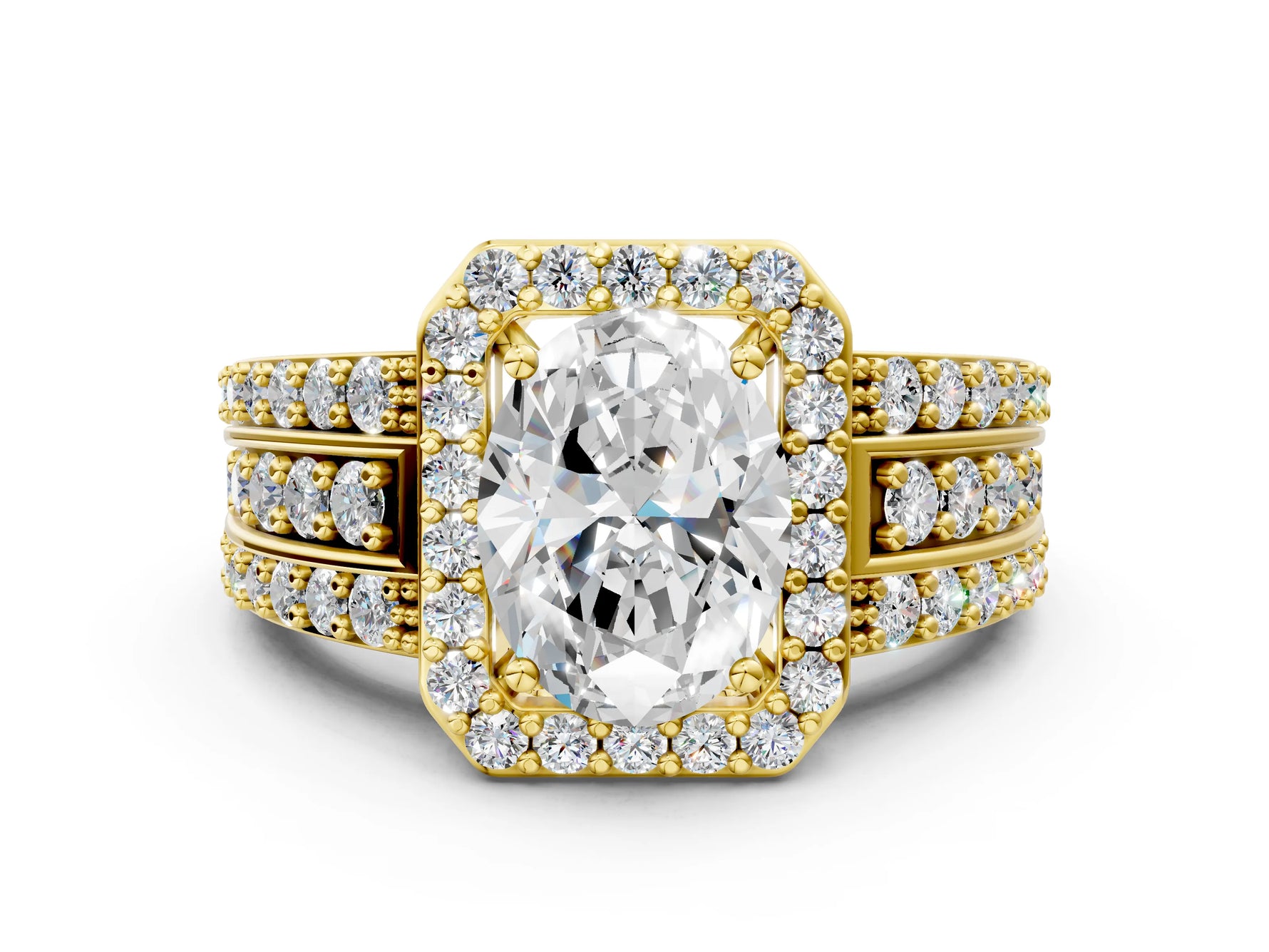 Oval Cut Diamond Halo Engagement Ring in Yellow gold with Triple-Row Round Band_18