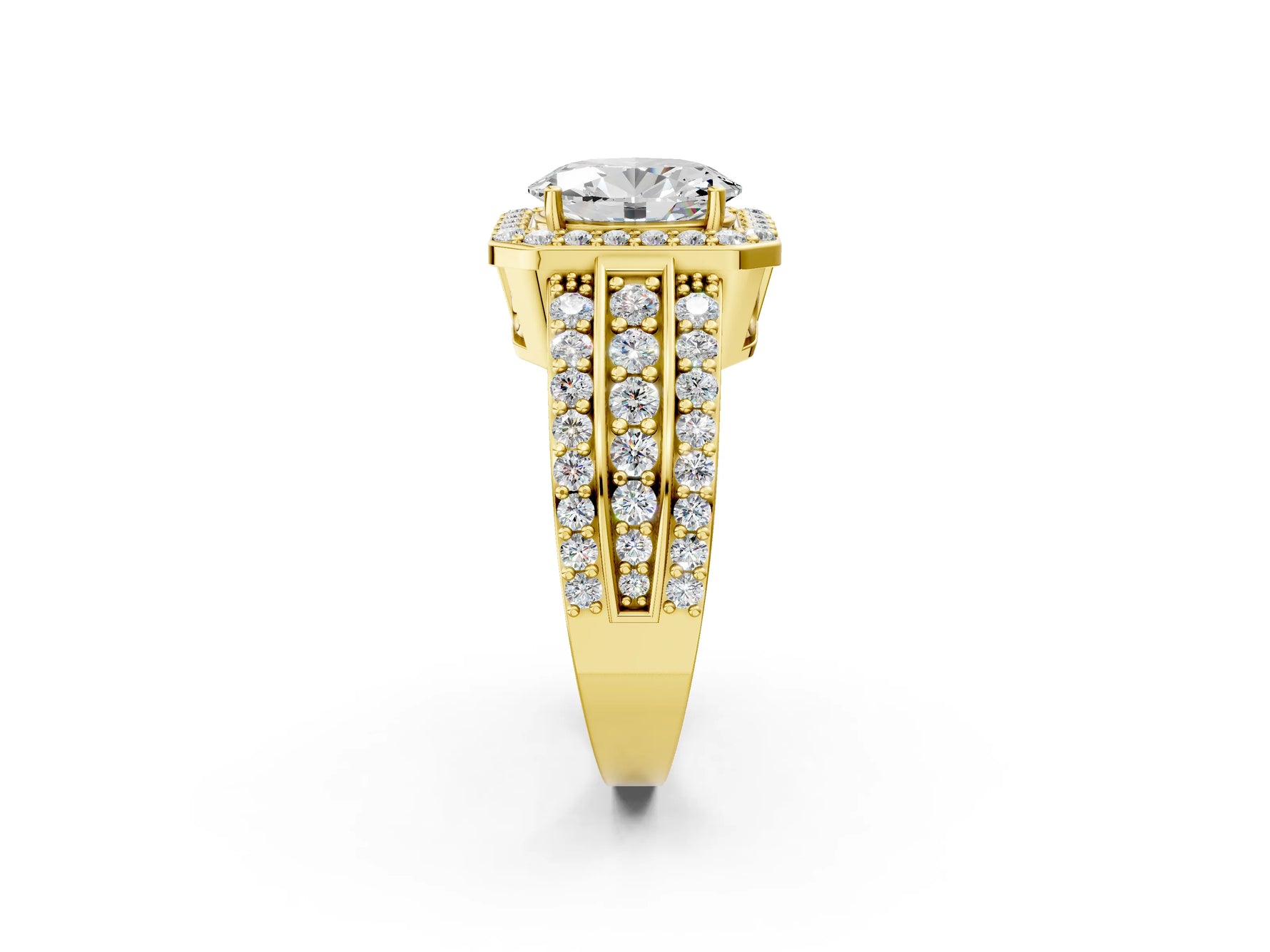 Oval Cut Diamond Halo Engagement Ring in Yellow gold with Triple-Row Round Band_20