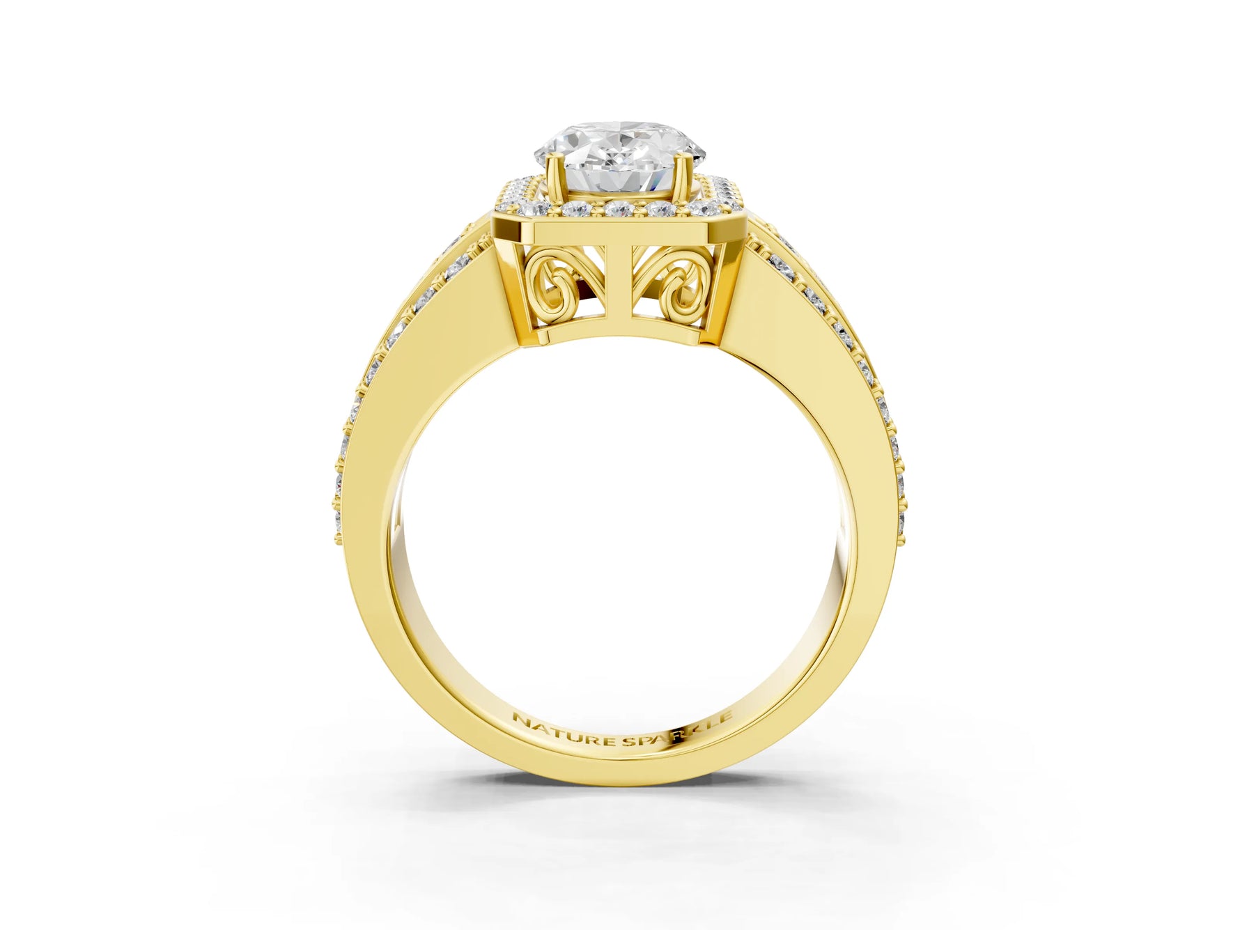 Oval Cut Diamond Halo Engagement Ring in Yellow gold with Triple-Row Round Band_27