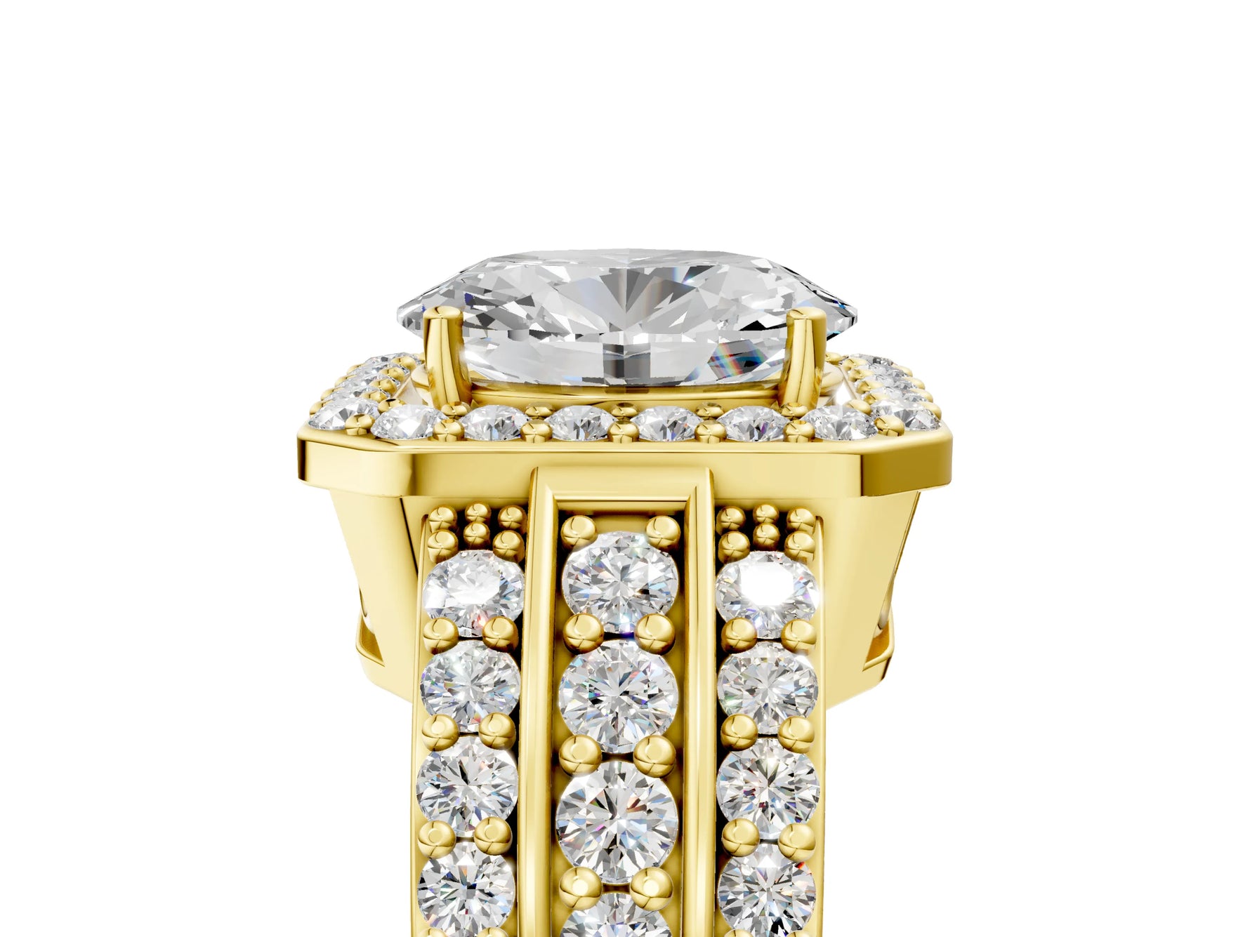 Oval Cut Diamond Halo Engagement Ring in Yellow gold with Triple-Row Round Band_29