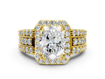 Oval Cut Diamond Halo Engagement Ring in Yellow gold with Triple-Row Round Band_30