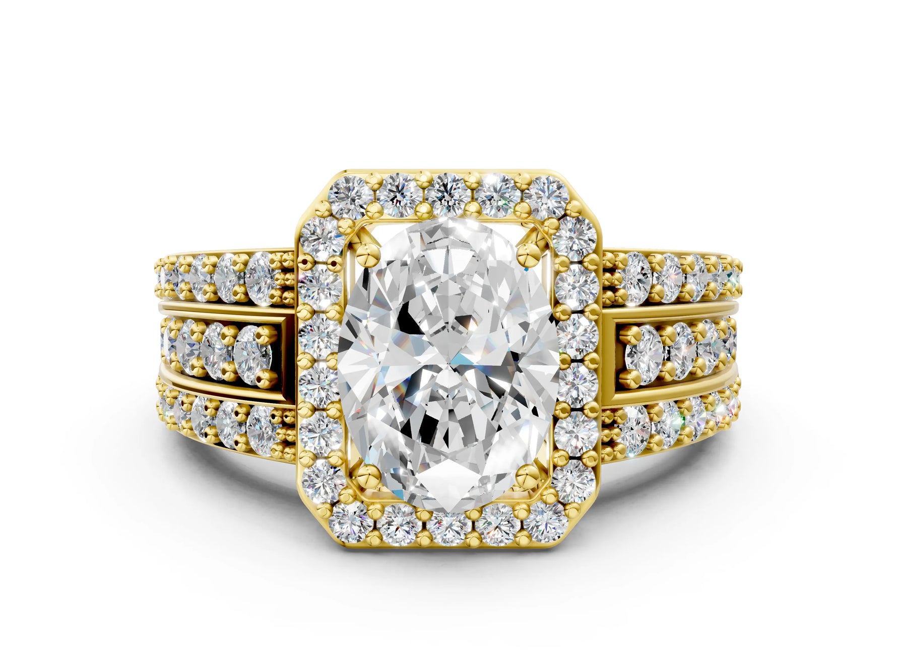 Oval Cut Diamond Halo Engagement Ring in Yellow gold with Triple-Row Round Band_30