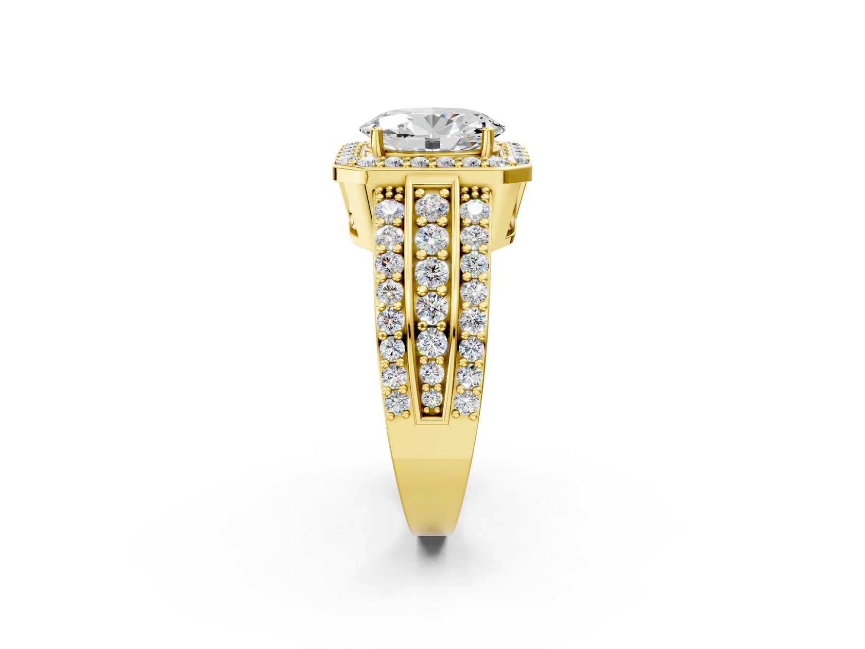 Oval Cut Diamond Halo Engagement Ring in Yellow gold with Triple-Row Round Band_38