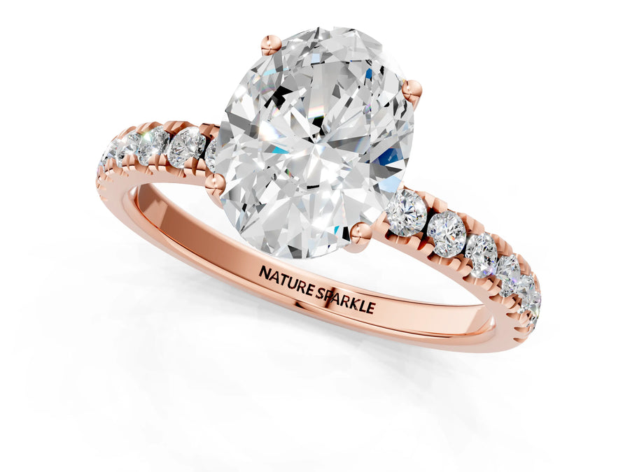 Oval Cut Diamond Hidden Halo Engagement Ring in Rose gold with Round Pavé Band