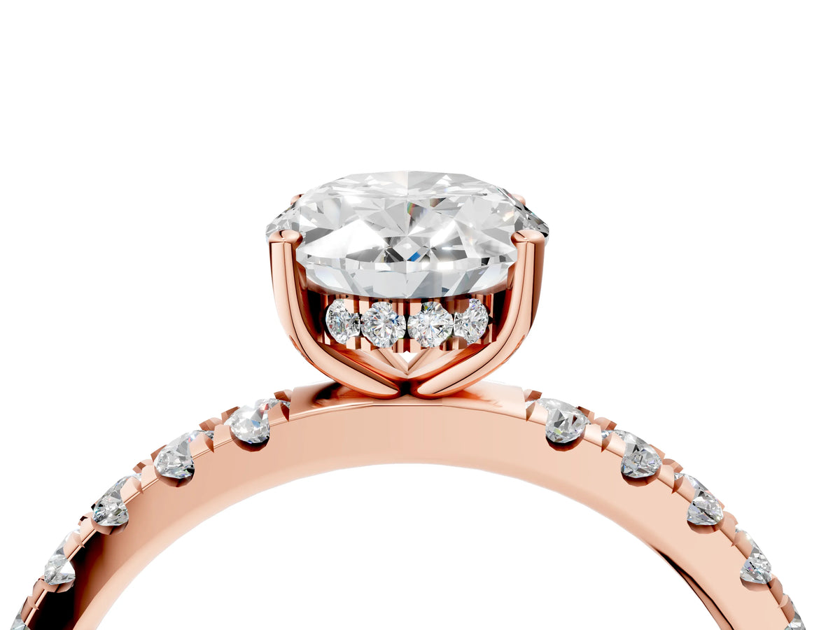 Oval Cut Diamond Hidden Halo Engagement Ring in Rose gold with Round Pavé Band_16