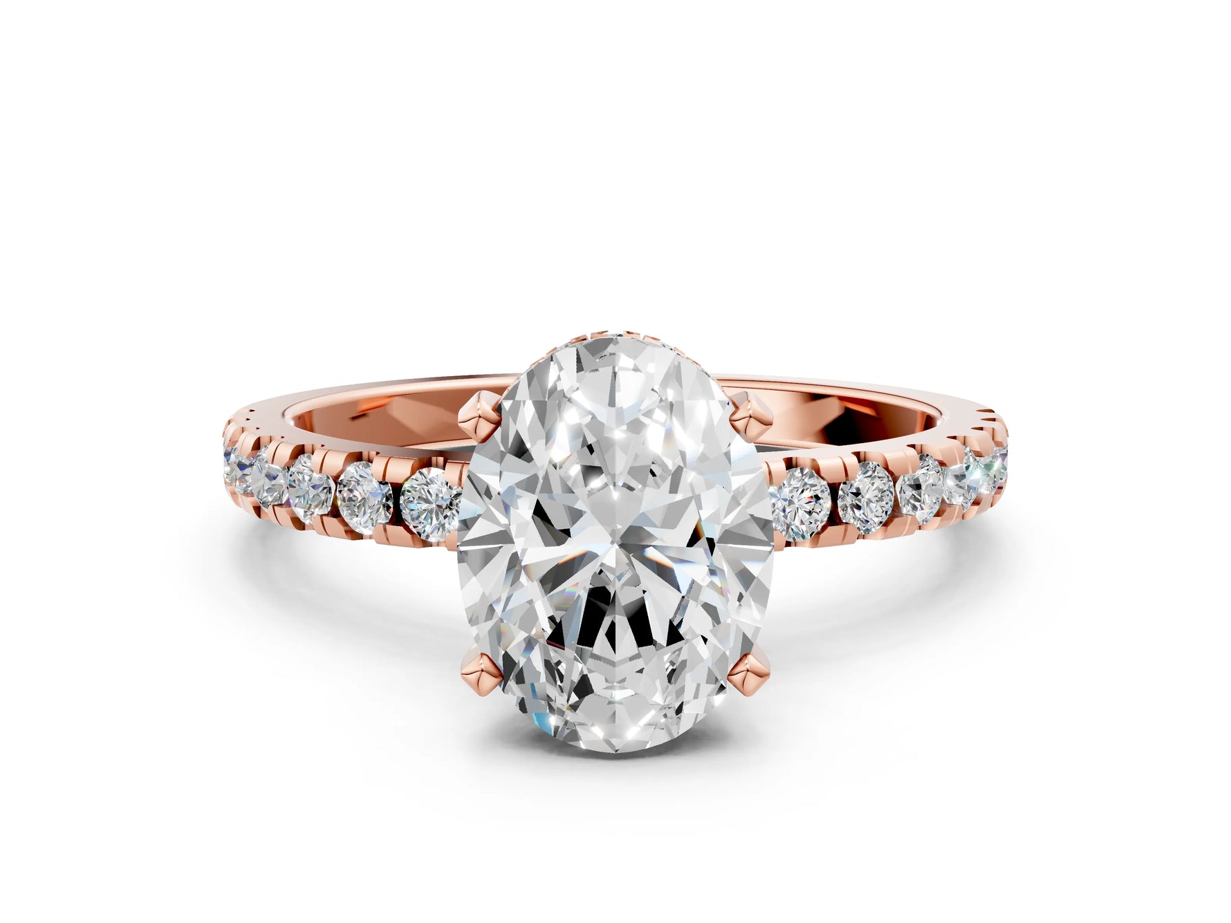 Oval Cut Diamond Hidden Halo Solitaire Ring in Rose gold with Round Pavé Band and Prong Setting_36