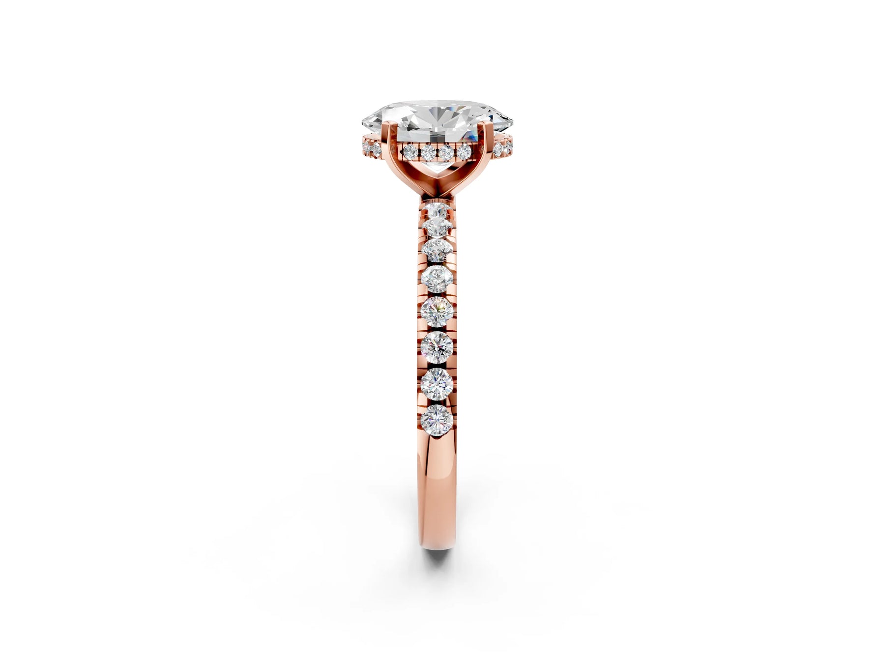 Oval Cut Diamond Hidden Halo Solitaire Ring in Rose gold with Round Pavé Band and Prong Setting_38